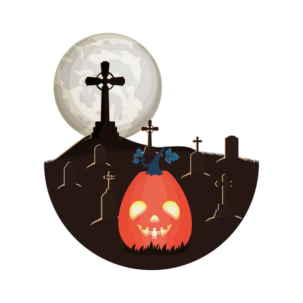 Calabaza de halloween con lámpara de cara oscura en la escena del cementerio — Vector de stock