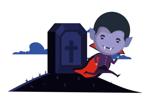 Lindo niño pequeño con traje de Drácula y cementerio — Vector de stock