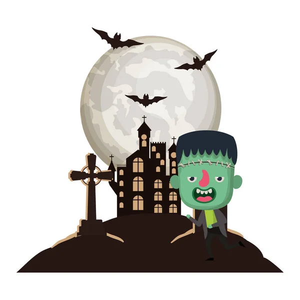 Lindo niño con traje de Frankenstein en la escena del cementerio — Vector de stock