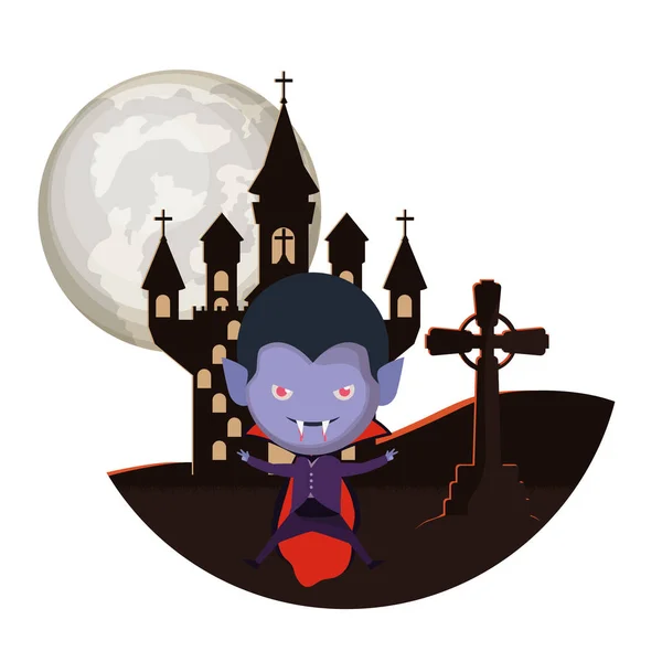 Lindo niño con traje de Drácula en la escena del castillo oscuro — Vector de stock