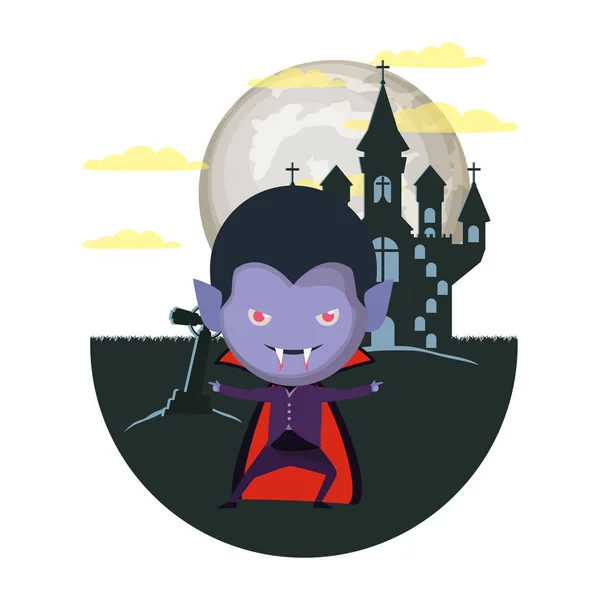 Lindo niño con traje de Drácula en la escena del castillo oscuro — Vector de stock