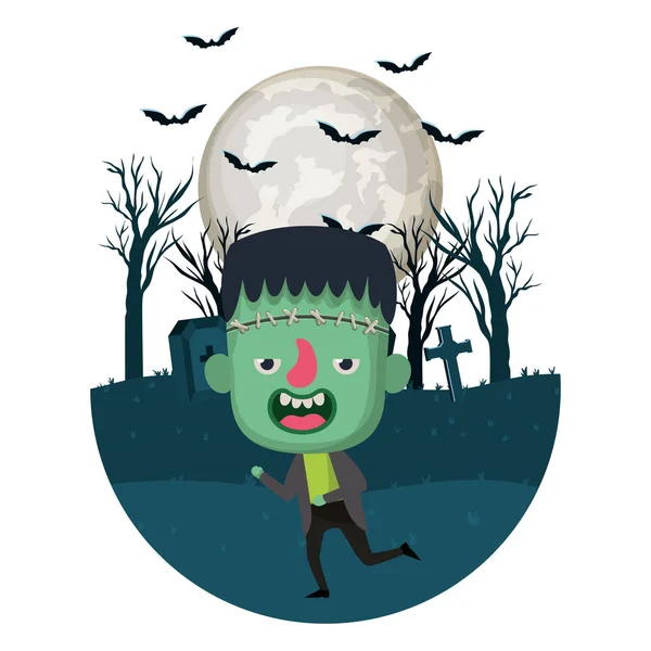 Niño con traje de Frankenstein en el cementerio oscuro y murciélagos volando — Vector de stock