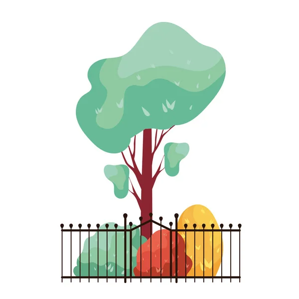 Planta de árbol de otoño con arbusto y cerca en maceta de cerámica — Archivo Imágenes Vectoriales