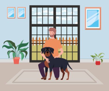 ev odasında sevimli köpek maskotu ile genç adam