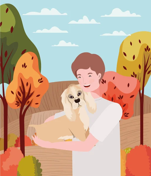 Joven con linda mascota de perro en el campamento de otoño — Vector de stock