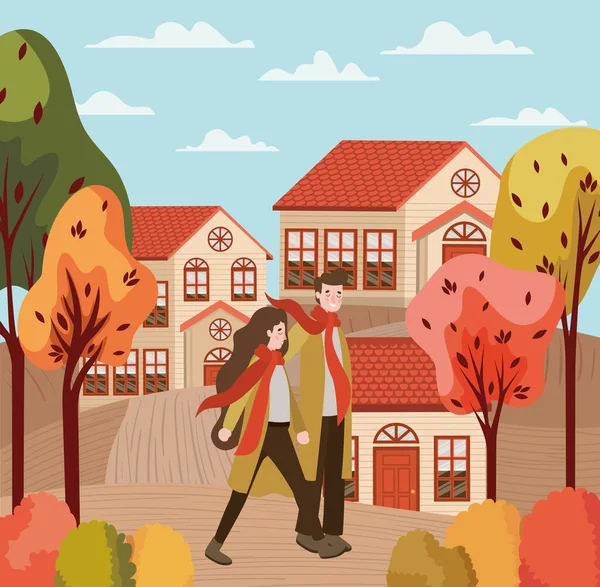 Couple marchant avec des costumes d'automne dans la ville — Image vectorielle