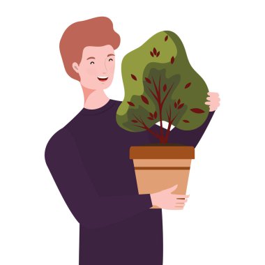 Seramik kapta sonbahar bitkisi olan genç adam.