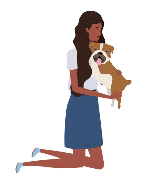 Jovem afro mulher levantando bonito cão mascote personagens — Vetor de Stock