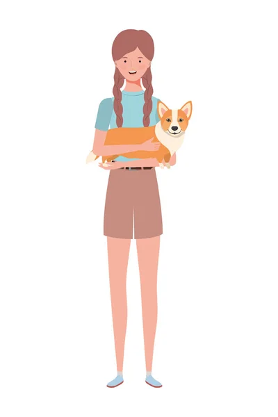 Jovem mulher levantando bonito cão mascote personagens — Vetor de Stock