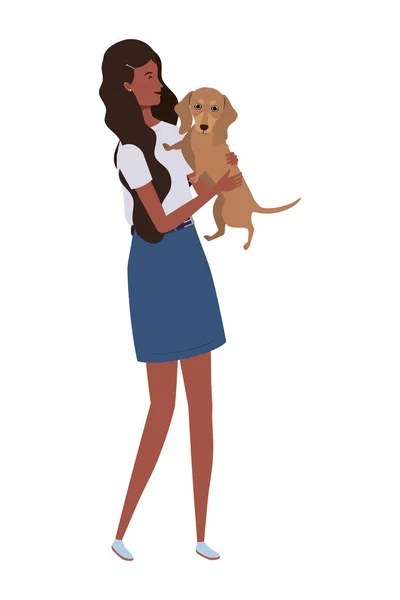 Young afro woman lifting cute dog mascot characters — Stock Vector