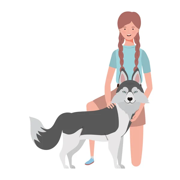 Jovem mulher com bonitinho cão mascote personagens — Vetor de Stock