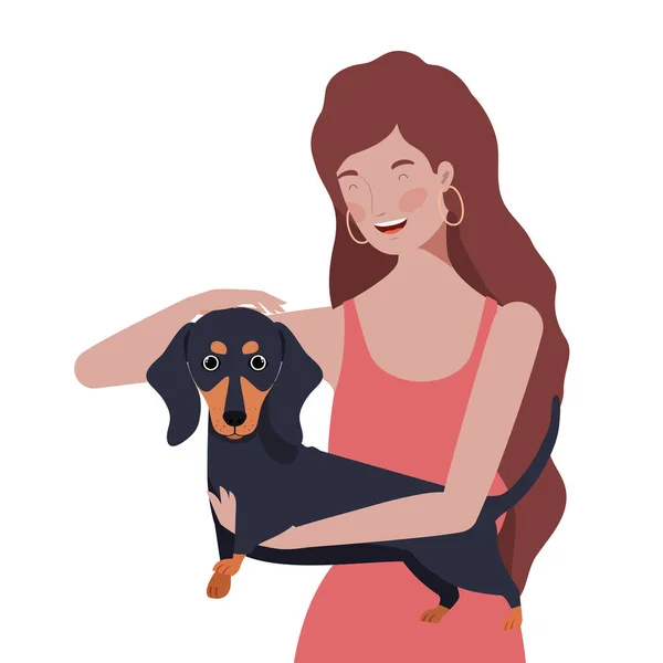 Jovem mulher levantando bonito cão mascote personagens — Vetor de Stock