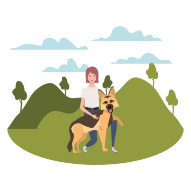 Tarlada sevimli köpeği olan genç bir kadın.