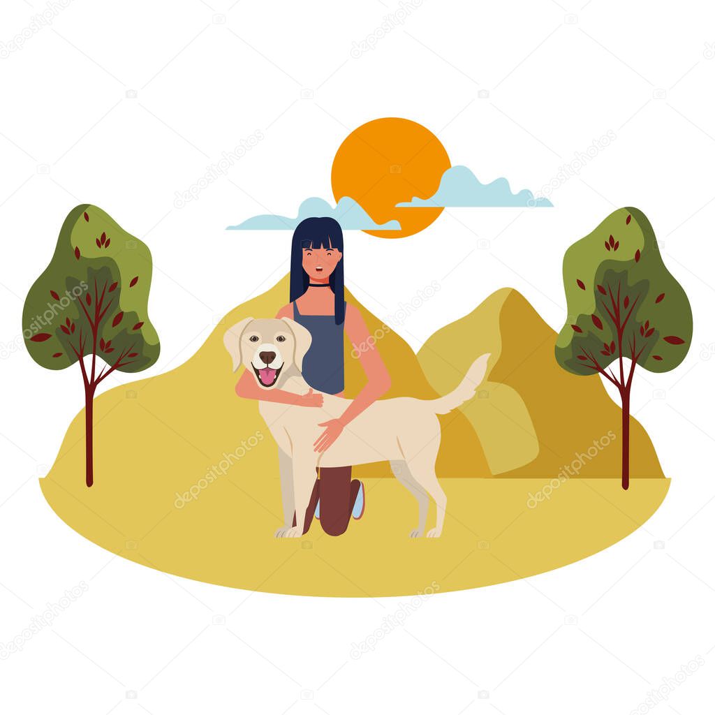 young woman with cute dog in the field