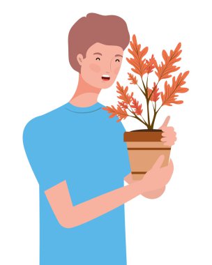 Seramik kapta sonbahar bitkisi olan genç adam.