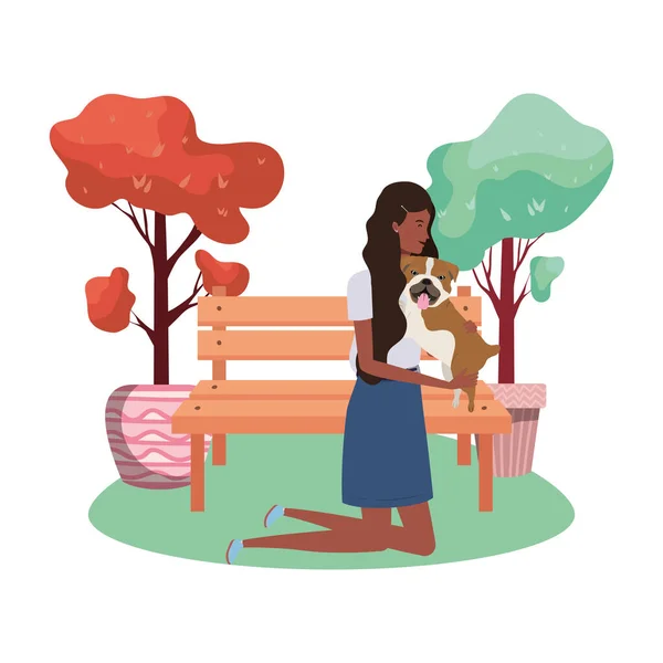 Young afro woman lifting cute dog in the park — Stock Vector