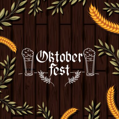 Oktoberfest harfleri ahşap arka planda çelenk yaprakları ile
