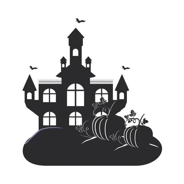 Halloween dark castle with pumpkins scene icon — Stock Vector