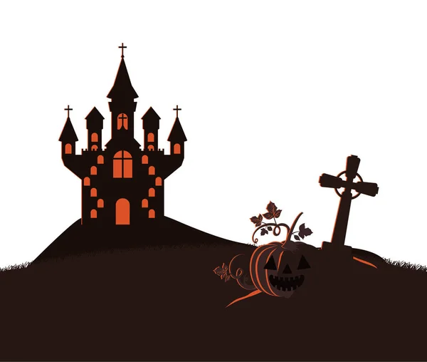 Halloween oscuro castillo en la escena del cementerio icono — Vector de stock
