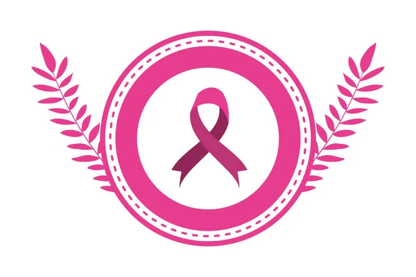 Ruban de campagne contre le cancer du sein dans un cadre circulaire avec des feuilles — Image vectorielle