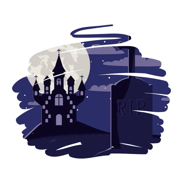 Halloween ciemny zamek w ikonie sceny cmentarnej — Wektor stockowy