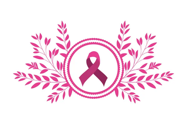 Cinta de campaña contra el cáncer de mama en marco circular con hojas — Archivo Imágenes Vectoriales