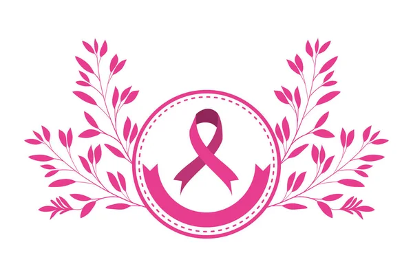 Ruban de campagne contre le cancer du sein dans un cadre circulaire avec des feuilles — Image vectorielle