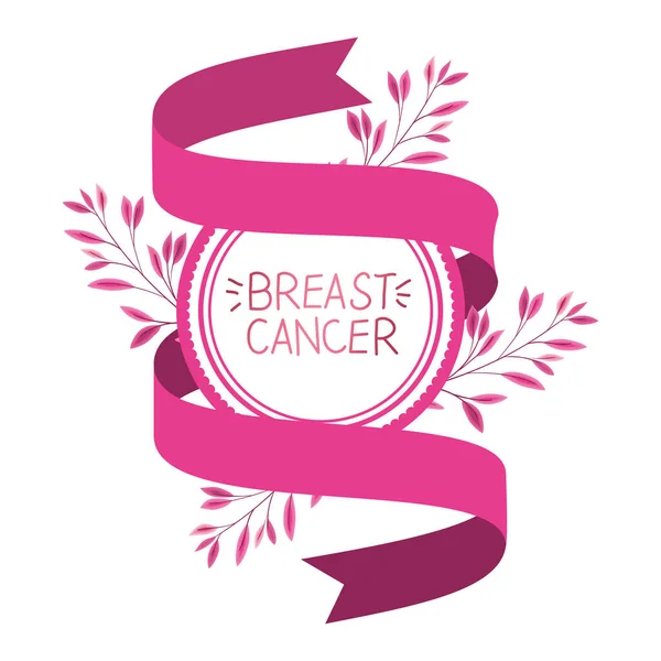 Cinta de campaña contra el cáncer de mama en marco circular con hojas — Vector de stock