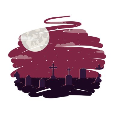 Cadılar bayramı kutlaması, mezarlık ve ay manzarası.