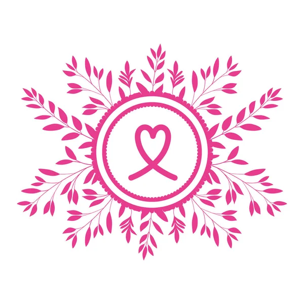 Breast cancer campaign ribbon in circular frame with leafs — Stock Vector