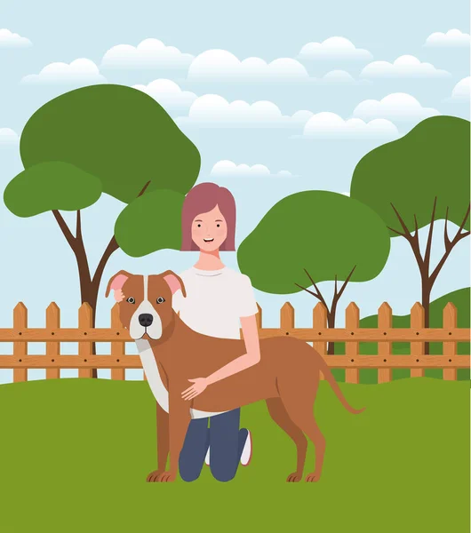 Mujer joven con lindo perro en el campo — Vector de stock