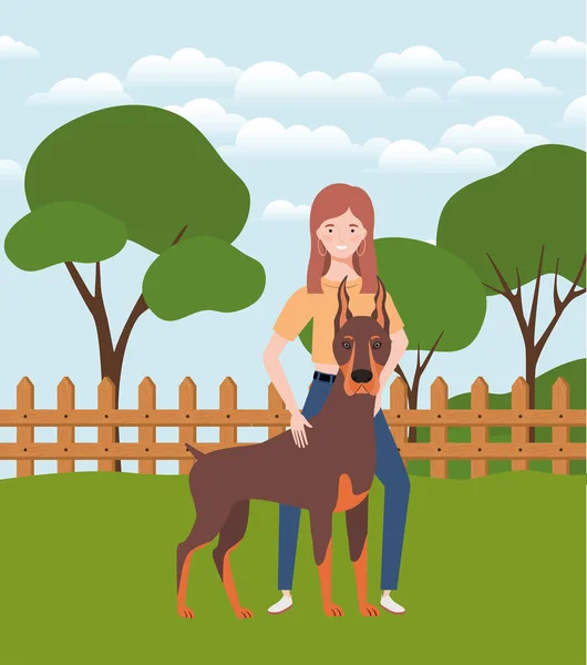 Junge Frau mit süßem Hund auf dem Feld — Stockvektor