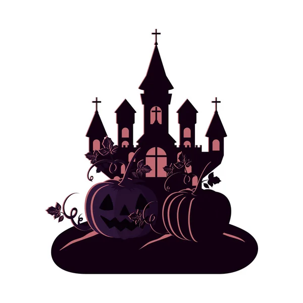 Halloween castillo oscuro con icono de escena de calabazas — Vector de stock
