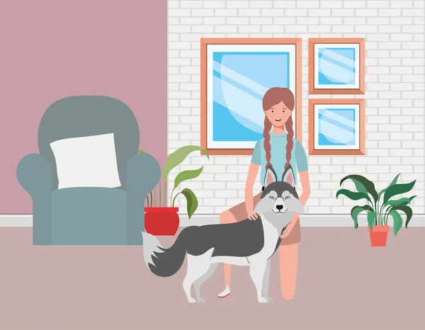 Jonge vrouw met schattige hond in het huis kamer — Stockvector