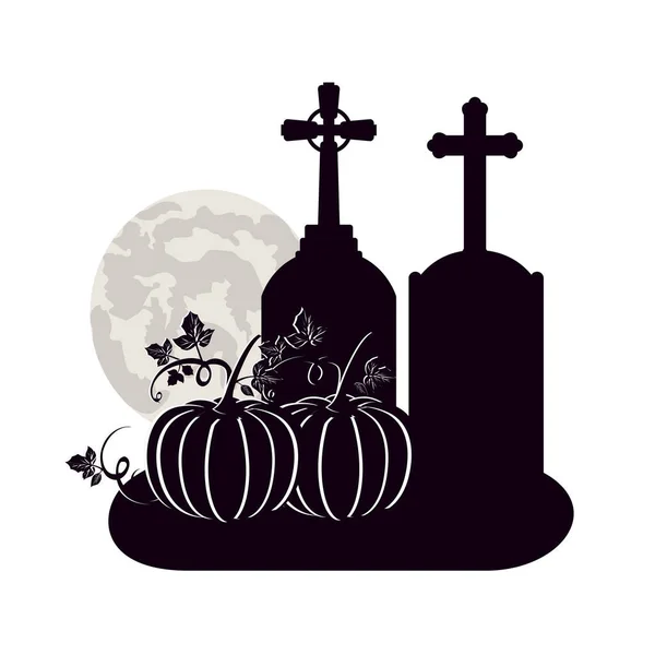 Halloween celebration with pumpkins in cemetery scene — Stock Vector