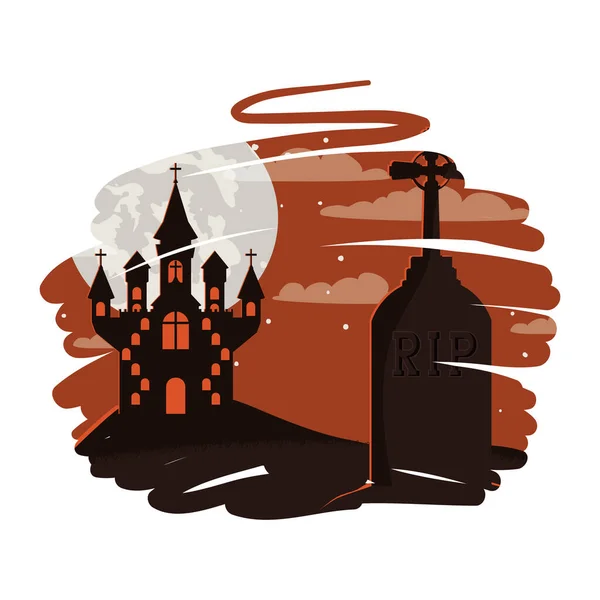 Halloween dark castle in cemetery scene icon — Stock Vector