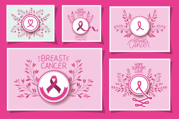 Набор карт для кампании по информированию о раке груди — стоковый вектор