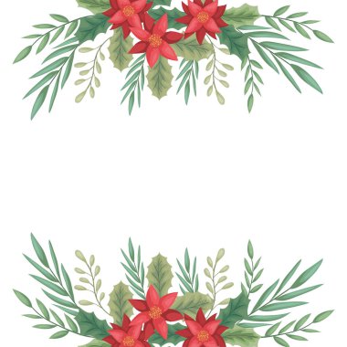 güzel noel çiçekleri ve dallı dekoratif çerçeve