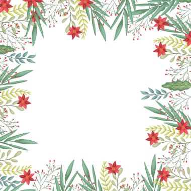 güzel noel çiçekleri ve dallı dekoratif çerçeve