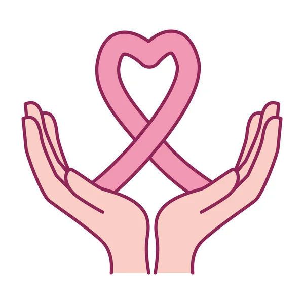 Mãos de conscientização sobre o câncer de mama com campanha de fita —  Vetores de Stock