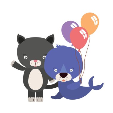 Balonları ve balonları olan sevimli bir kedi helyumu var.