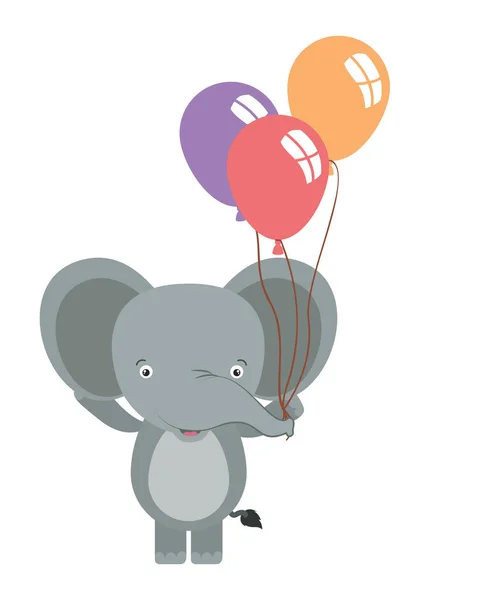 Lindo elefante pequeño con globos de helio carácter — Vector de stock