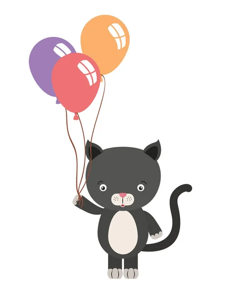 Ładny mały kot z balonami hel charakter — Wektor stockowy