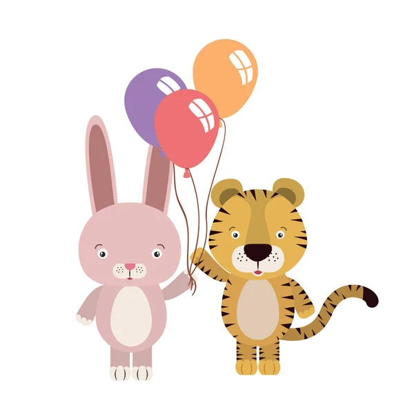 Söt liten tiger och kanin med ballonger helium — Stock vektor