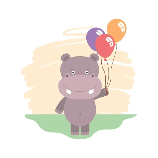 Schattig klein nijlpaard met ballonnen helium — Stockvector