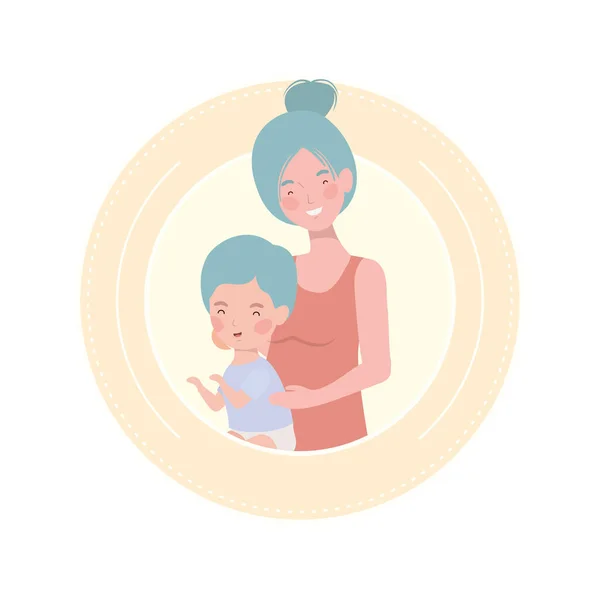 Bonito gravidez mãe com pequeno menino personagens —  Vetores de Stock