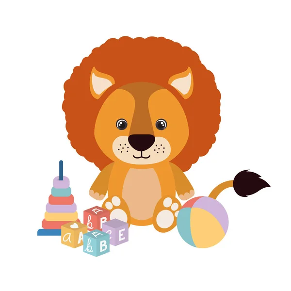 Милый маленький лев с игрушками — стоковый вектор
