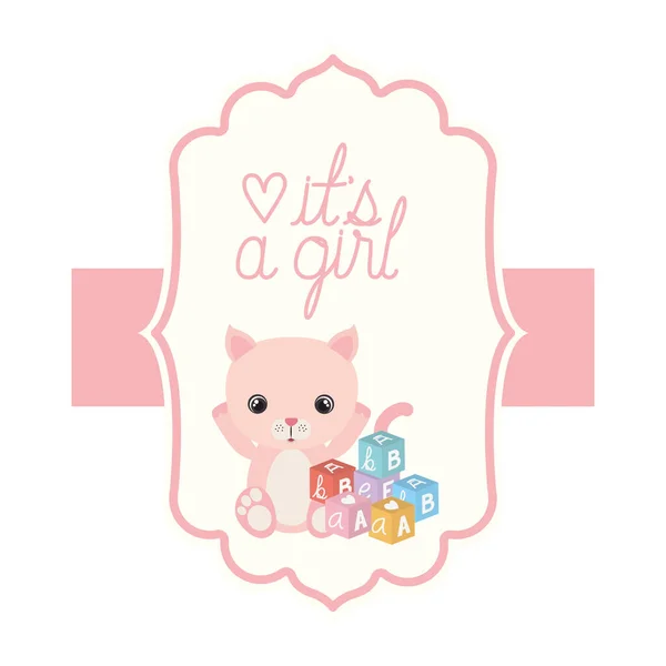 Cute little cat in its a girl card — Stock Vector