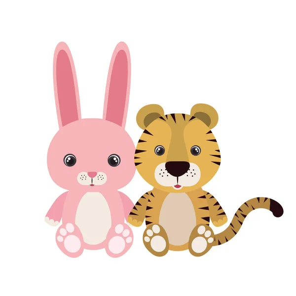 Pequeno tigre bonito e personagens de coelho — Vetor de Stock