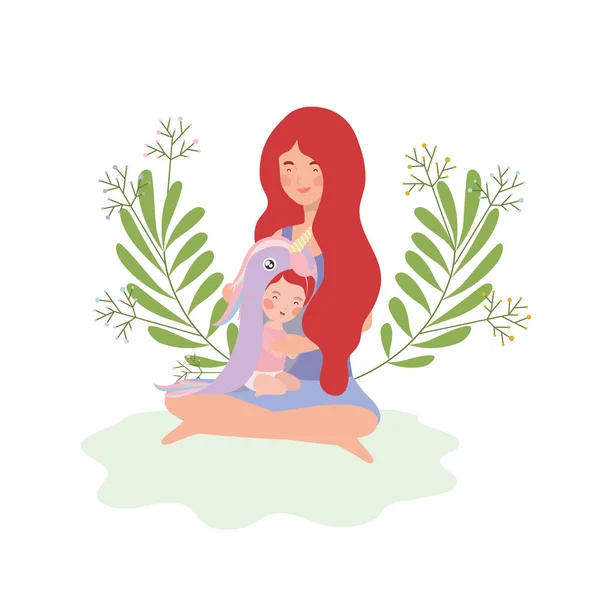 Cute pregnancy mother seated with little girl in the park — Stock Vector